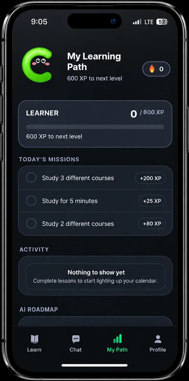 Custodia Learn app, My Learning Path screen with XP, missions and activity